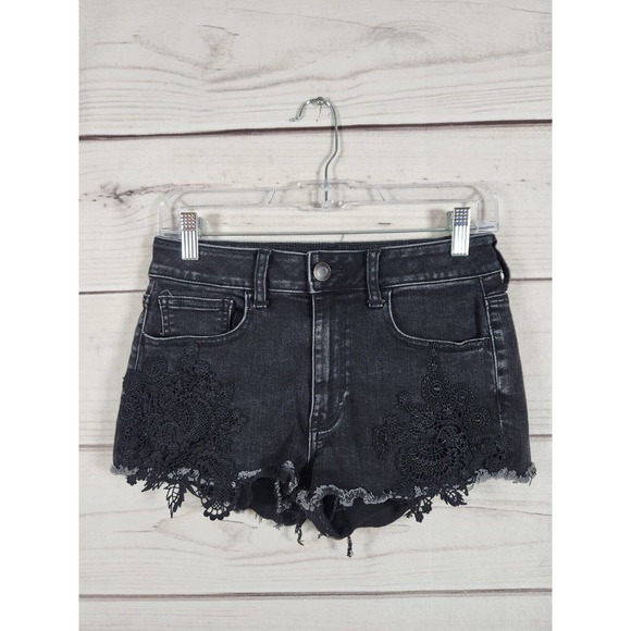 American Eagle Outfitters Super Stretch X‎ Black Lace Cutoff Jean Shorts Size 6 - Picture 1 of 8